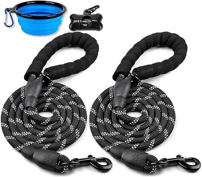 Wolfi Set de 2 Correas para Perro de 1.5 M con Mango Acolchado y Costuras Reflejantes para Perros, Incluye dispensador de Bolsas para excremento de Perro y Plato Plegable (Negro y Negro)