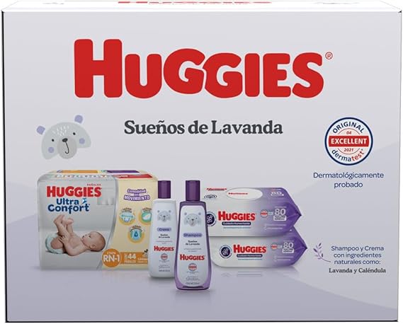 HUGGIES Baby Set Sueños de Lavanda, Caja con 1 Paquete de Huggies UltraConfort RN-1 de 44 pzs, 2 Paquetes Toallitas Húmedas Humectante 80’s, 1 Crema HUGGIES Lavanda 250ml y 1 Shampoo Lavanda 250ml