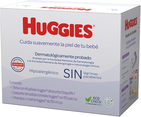 HUGGIES Baby Set Sueños de Lavanda, Caja con 1 Paquete de Huggies UltraConfort RN-1 de 44 pzs, 2 Paquetes Toallitas Húmedas Humectante 80’s, 1 Crema HUGGIES Lavanda 250ml y 1 Shampoo Lavanda 250ml