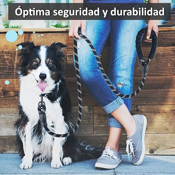 Wolfi Set de 2 Correas para Perro de 1.5 M con Mango Acolchado y Costuras Reflejantes para Perros, Incluye dispensador de Bolsas para excremento de Perro y Plato Plegable (Negro y Negro)