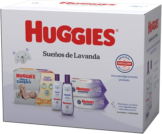 HUGGIES Baby Set Sueños de Lavanda, Caja con 1 Paquete de Huggies UltraConfort RN-1 de 44 pzs, 2 Paquetes Toallitas Húmedas Humectante 80’s, 1 Crema HUGGIES Lavanda 250ml y 1 Shampoo Lavanda 250ml