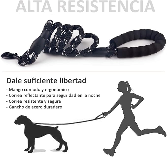 Wolfi Set de 2 Correas para Perro de 1.5 M con Mango Acolchado y Costuras Reflejantes para Perros, Incluye dispensador de Bolsas para excremento de Perro y Plato Plegable (Negro y Negro)