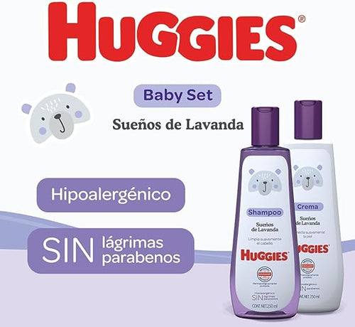 HUGGIES Baby Set Sueños de Lavanda, Caja con 1 Paquete de Huggies UltraConfort RN-1 de 44 pzs, 2 Paquetes Toallitas Húmedas Humectante 80’s, 1 Crema HUGGIES Lavanda 250ml y 1 Shampoo Lavanda 250ml