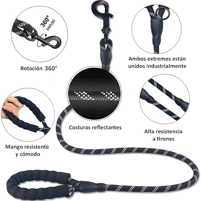 Wolfi Set de 2 Correas para Perro de 1.5 M con Mango Acolchado y Costuras Reflejantes para Perros, Incluye dispensador de Bolsas para excremento de Perro y Plato Plegable (Negro y Negro)