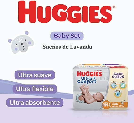 HUGGIES Baby Set Sueños de Lavanda, Caja con 1 Paquete de Huggies UltraConfort RN-1 de 44 pzs, 2 Paquetes Toallitas Húmedas Humectante 80’s, 1 Crema HUGGIES Lavanda 250ml y 1 Shampoo Lavanda 250ml