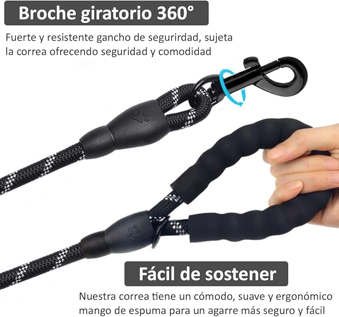 Wolfi Set de 2 Correas para Perro de 1.5 M con Mango Acolchado y Costuras Reflejantes para Perros, Incluye dispensador de Bolsas para excremento de Perro y Plato Plegable (Negro y Negro)